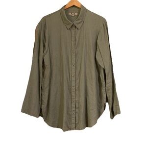 FLAX 100% Linen Lagenlook Collared Button Down Long Tunic Top Size L Olive Green